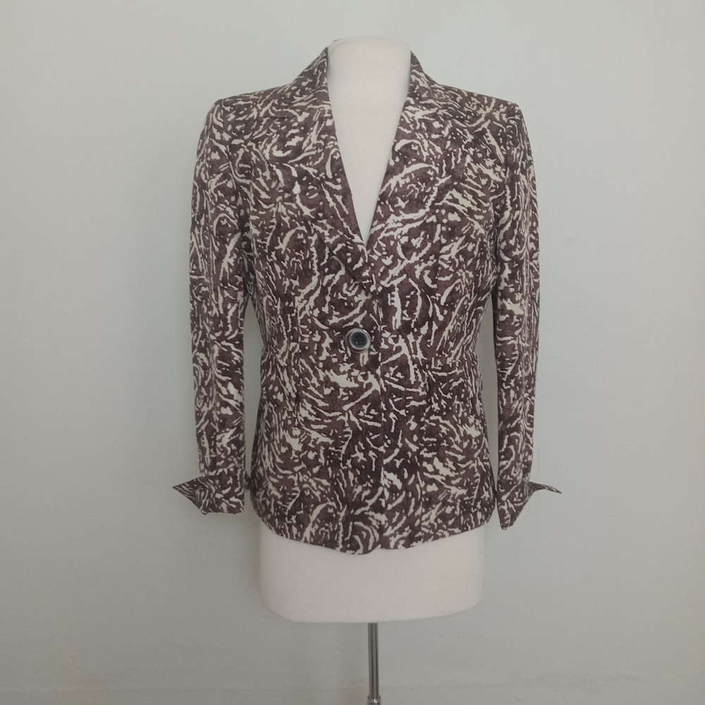 Kasper Brown Cream Abstract Paisley Floral Pattern Single-Button Blazer Size 8